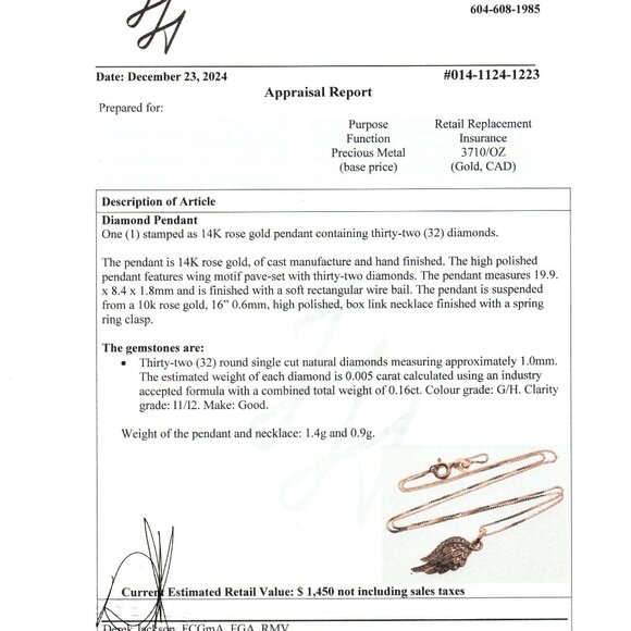 14K Rose Gold Real Natural Diamond Angel Wing Pendant Necklace - Picture 5 of 7